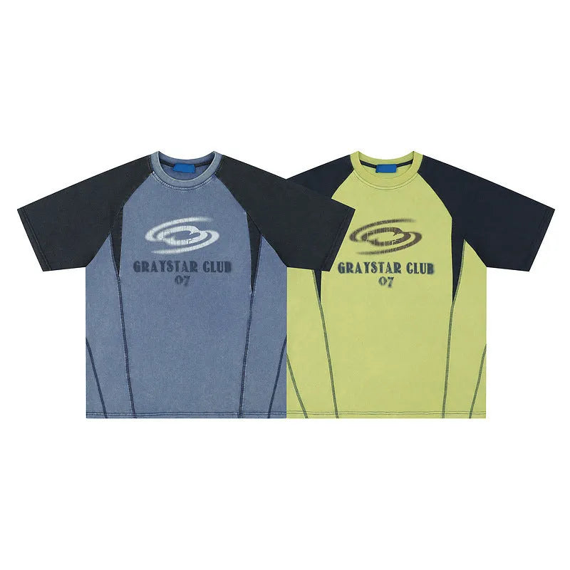 Men's blue cotton hip hop t-shirt with white letter print graphics and raglan sleeves