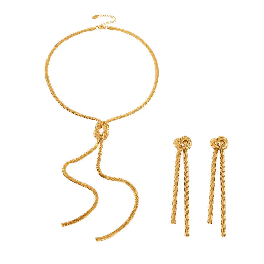Gold knotted tassel snake chain necklace and matching earrings set
