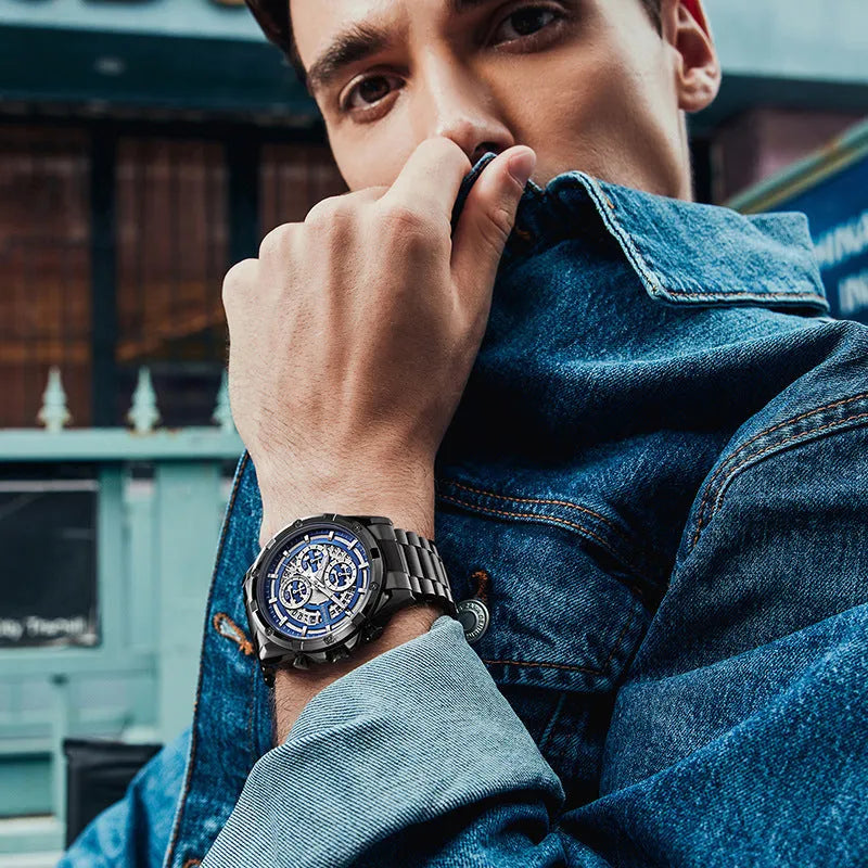 Men's waterproof quartz watch with luminous hands and steel bracelet in three colour variations