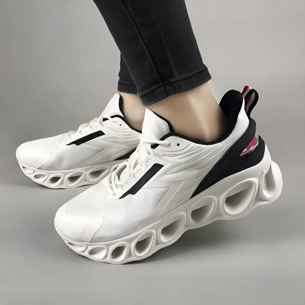 Men's low top casual sports shoes in mesh with a lightweight EVA sole, shown in black, white, and dark blue.