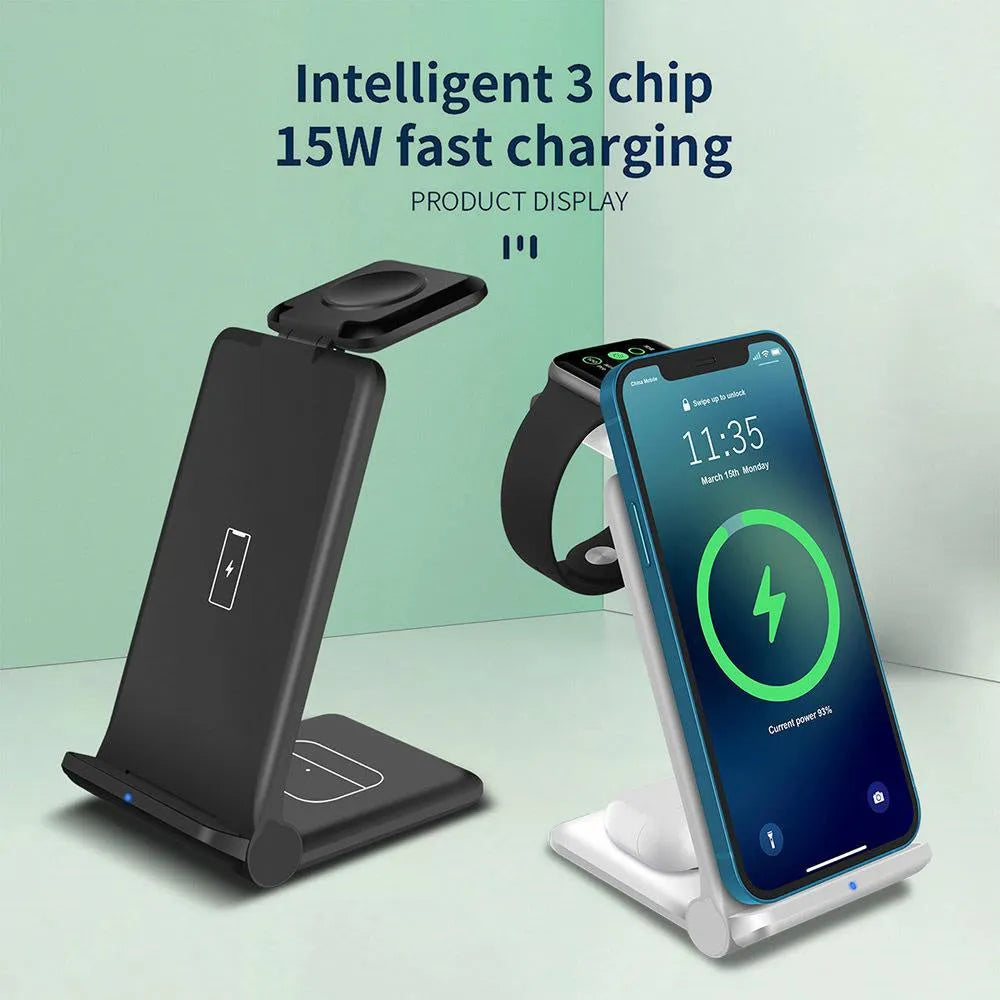 White foldable 3-in-1 wireless charging station showing phone, watch and earbuds charging simultaneously
