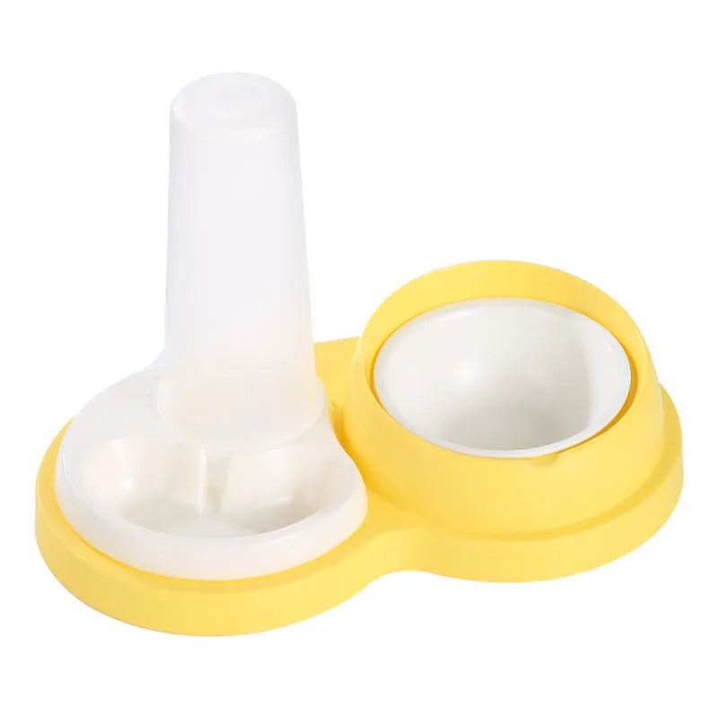 Grey and yellow pet dual bowl feeder with neck protection and anti-slip base