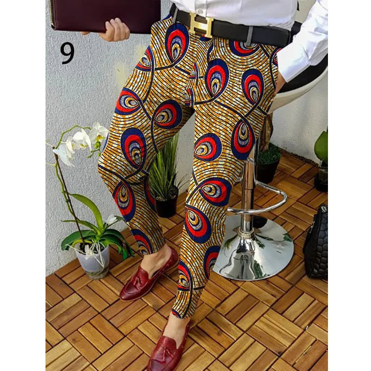 Men's slim-fit straight-leg casual trousers in a grey 3D printed plaid pattern, showing front view.