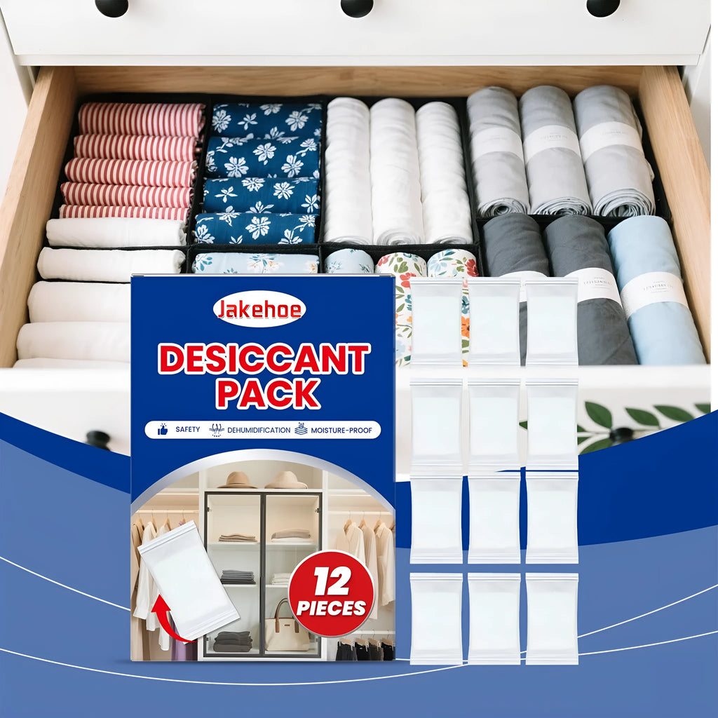 Pack of twelve white calcium chloride desiccant pouches for absorbing moisture in households.