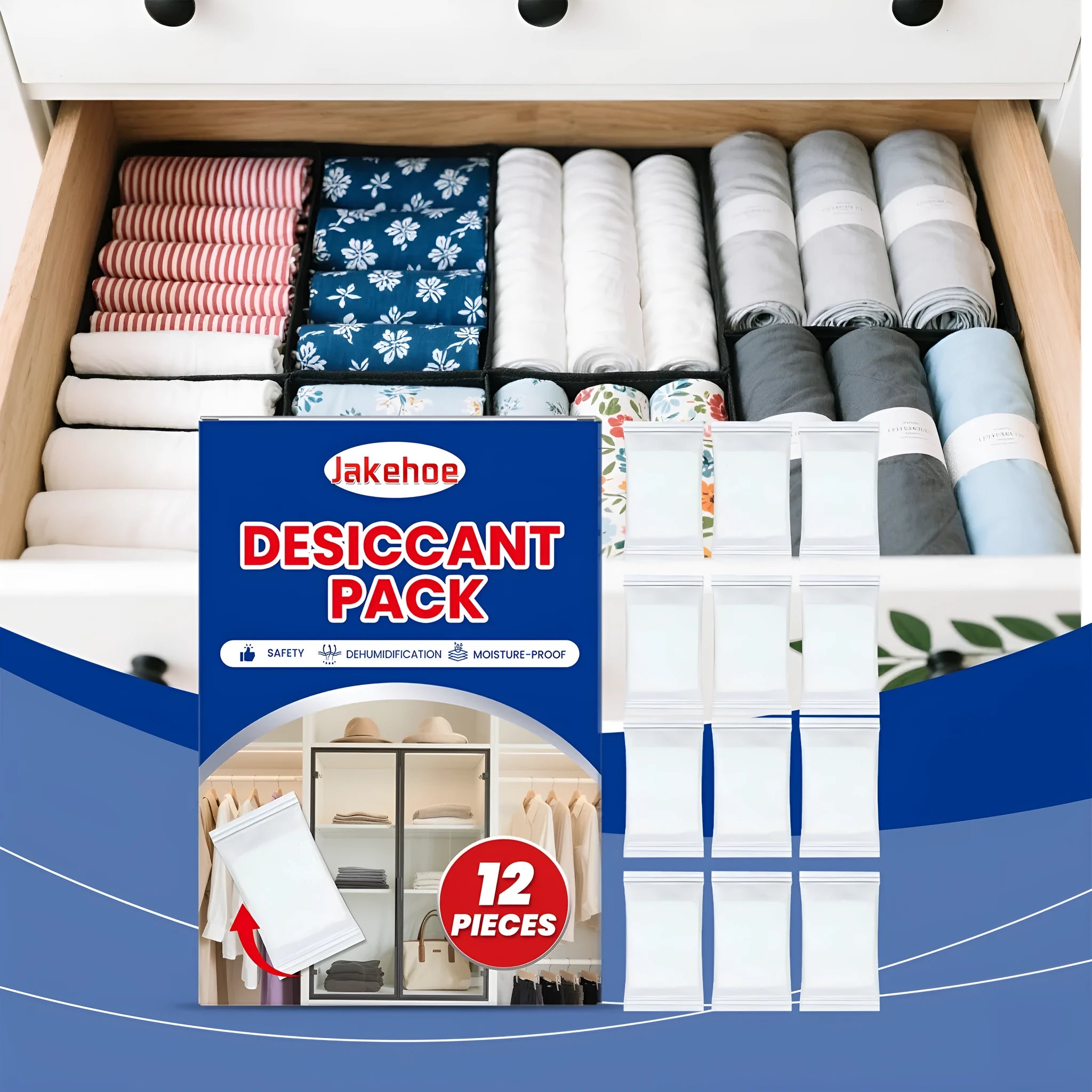 Pack of twelve white calcium chloride desiccant pouches for absorbing moisture in households.