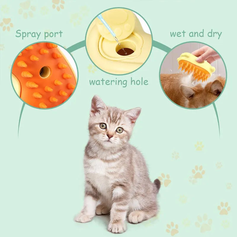 Cat and dog shaped steamy grooming brush with a medium-sized handle on a white background.