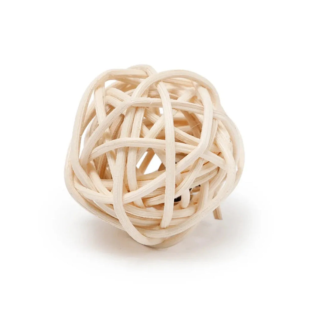 Two cat ball toys: rattan ball with bell and faux feather ball with coloured feathers for interactive play