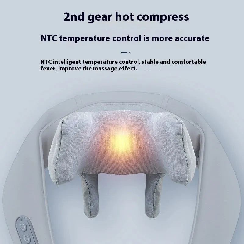 Grey elastic fabric neck massager with USB charging cable and infrared physiotherapy function