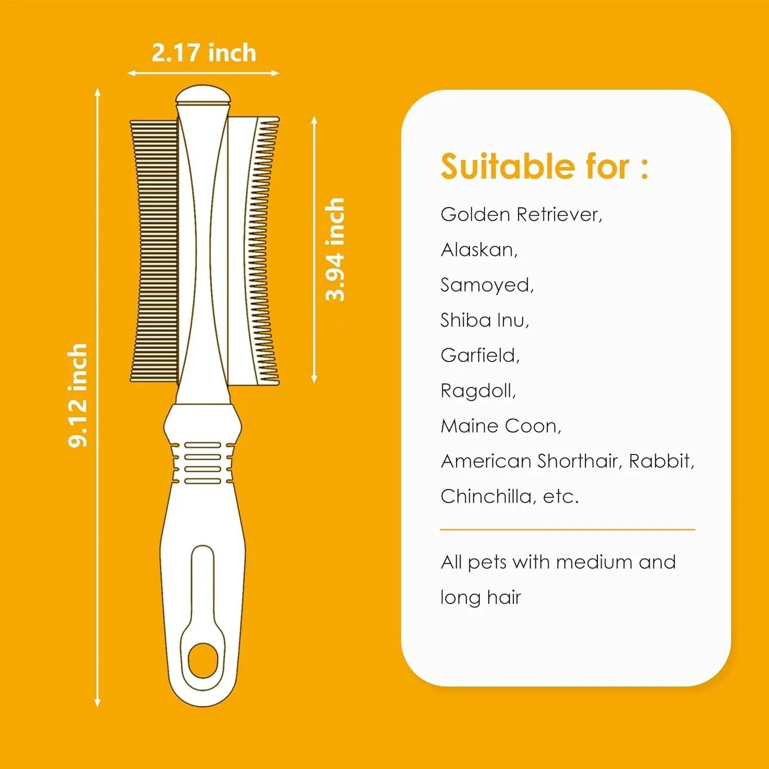 White double-sided dog and cat brush showing a grooming comb and deshedding brush head with a curved handle.