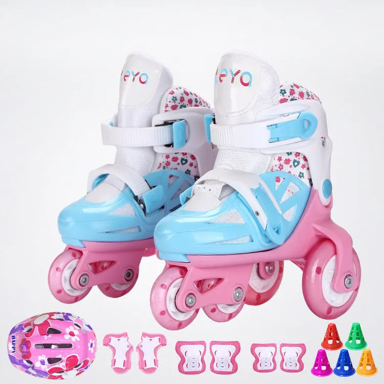 Adjustable double row kids roller skates in Little Panda colour with flash wheels and protective gear set