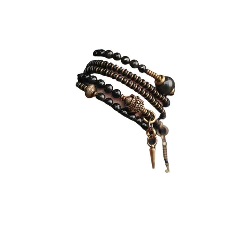 Black geometric layered beaded bracelet with adjustable sizing for unisex wear
