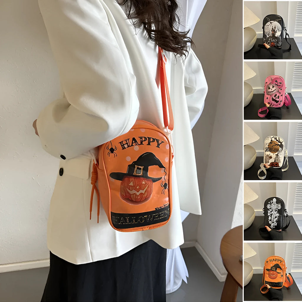 Halloween graffiti print crossbody bag with pumpkin ghost bat cartoons in medium size