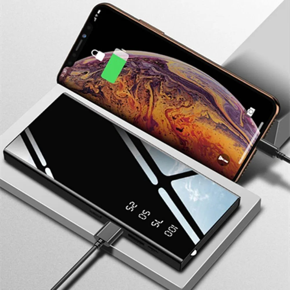 20000mAh power bank with LCD display showing battery percentage, dual USB ports, and compact black design