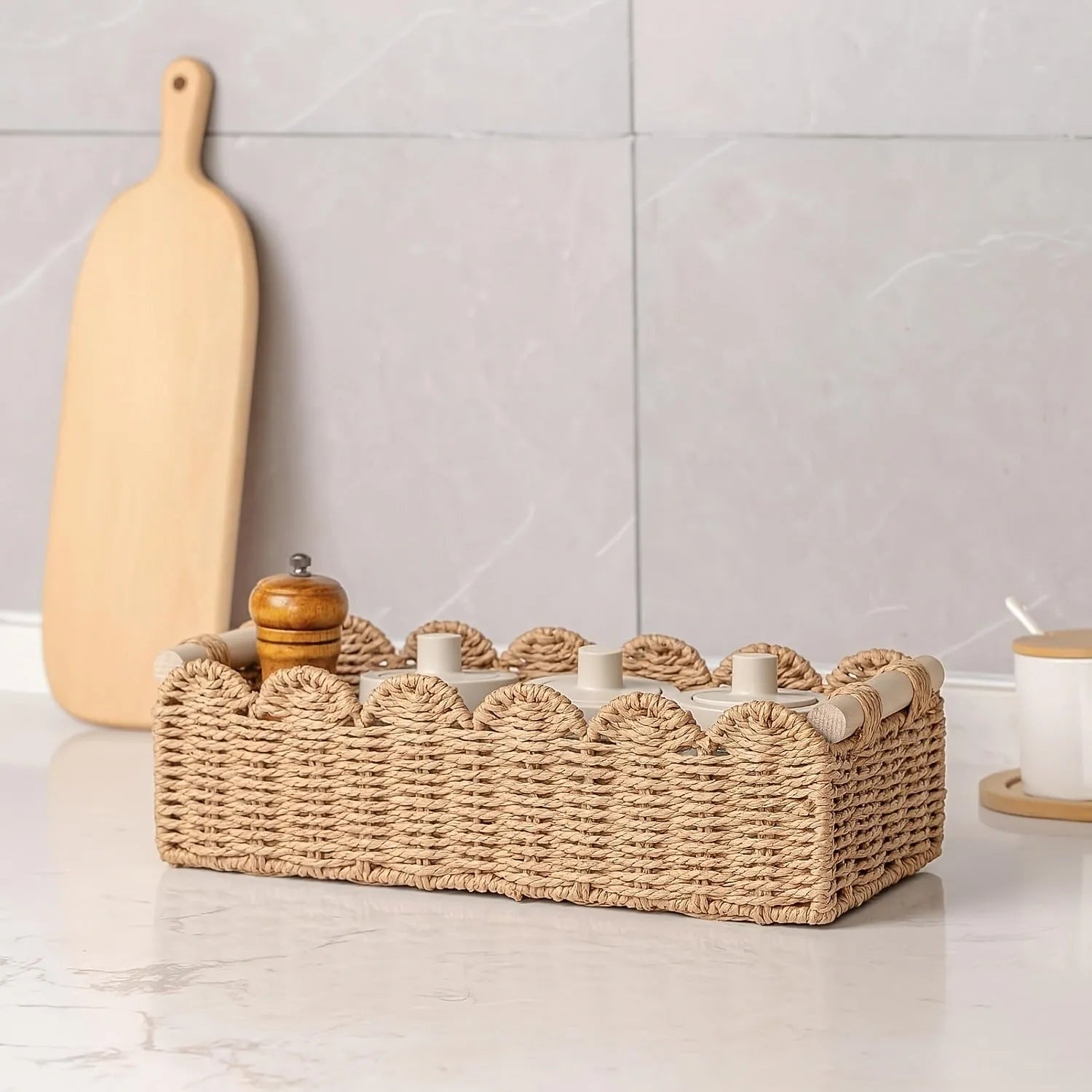 Paper woven storage basket in modern simplicity style, dimensions 35.5cm long x 16cm wide x 10cm high