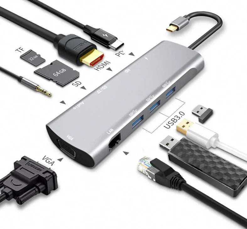 Grey USB-C docking station with HDMI, VGA, and USB ports on aluminium alloy body