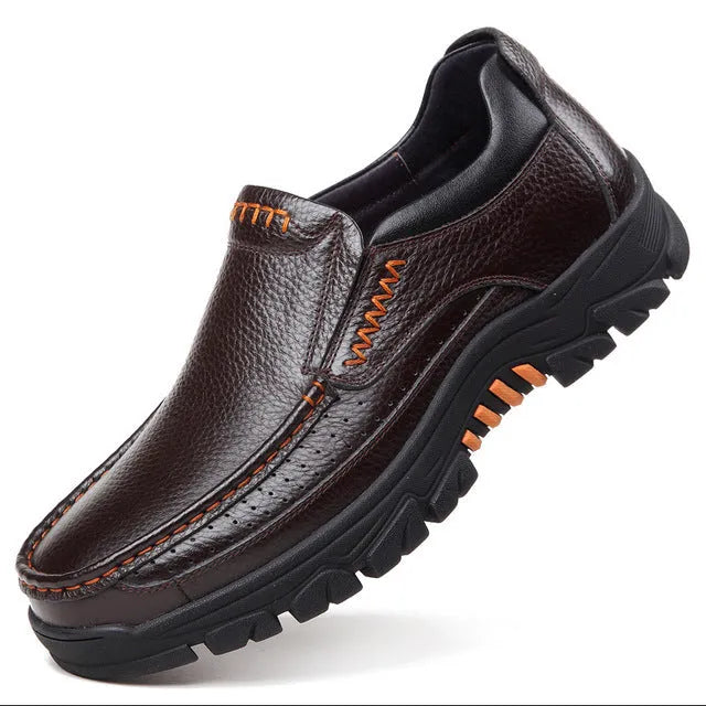 Men's black leather slip-on business casual shoes with a rubber sole
