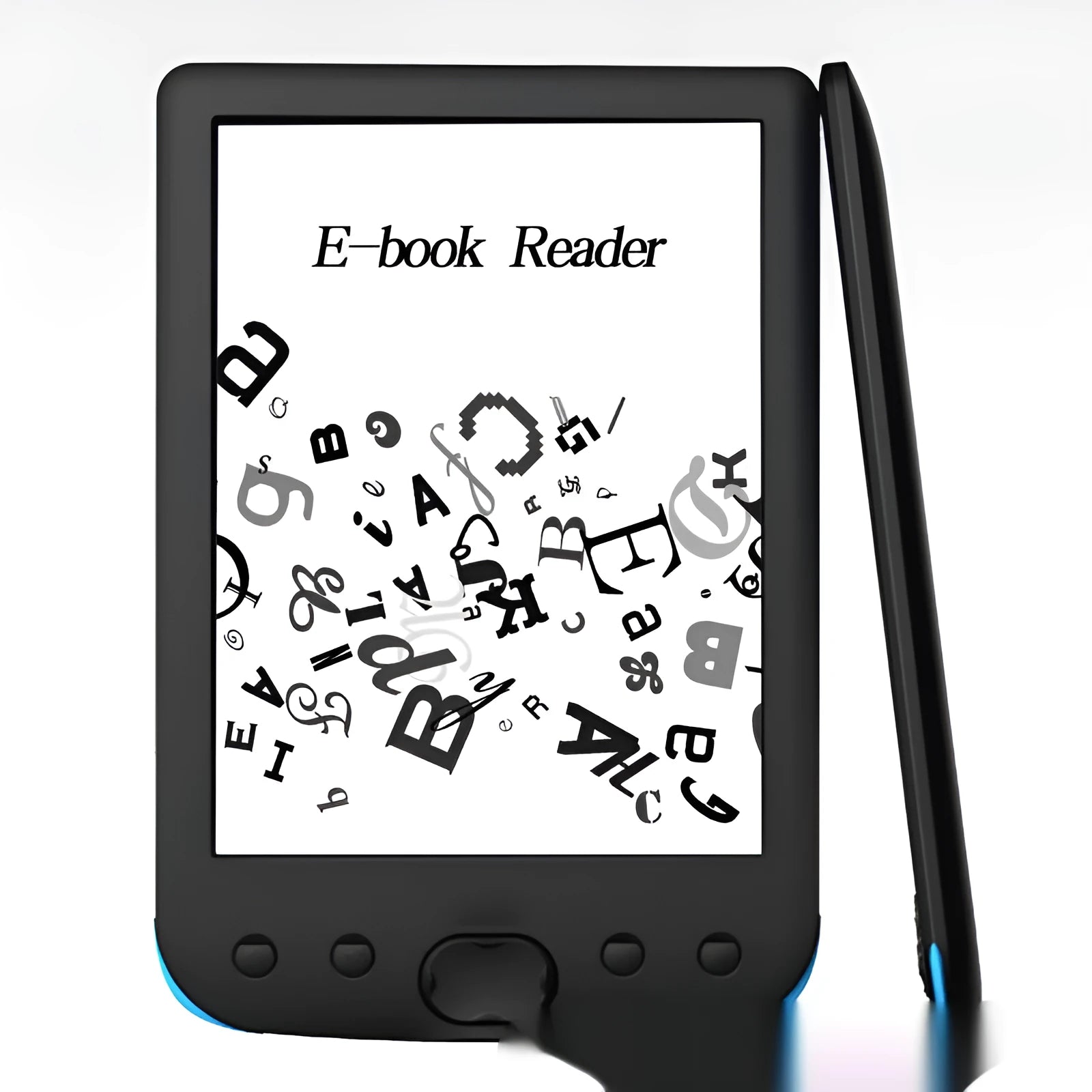 Black 6-inch E-ink e-book reader on a table showing a page of text.