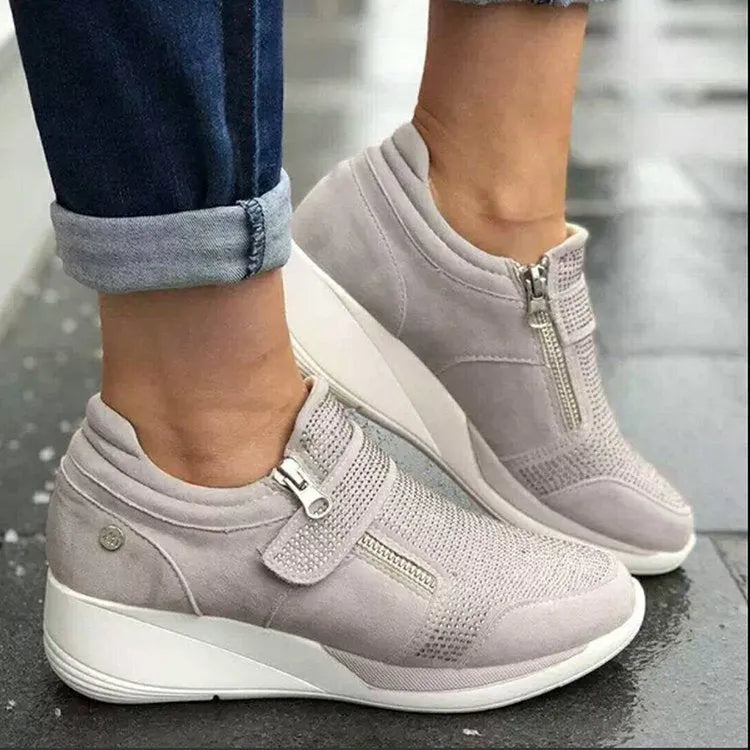 Beige Mary Jane style canvas shoes with rhinestones, Velcro strap, round toe, and thick rubber sole