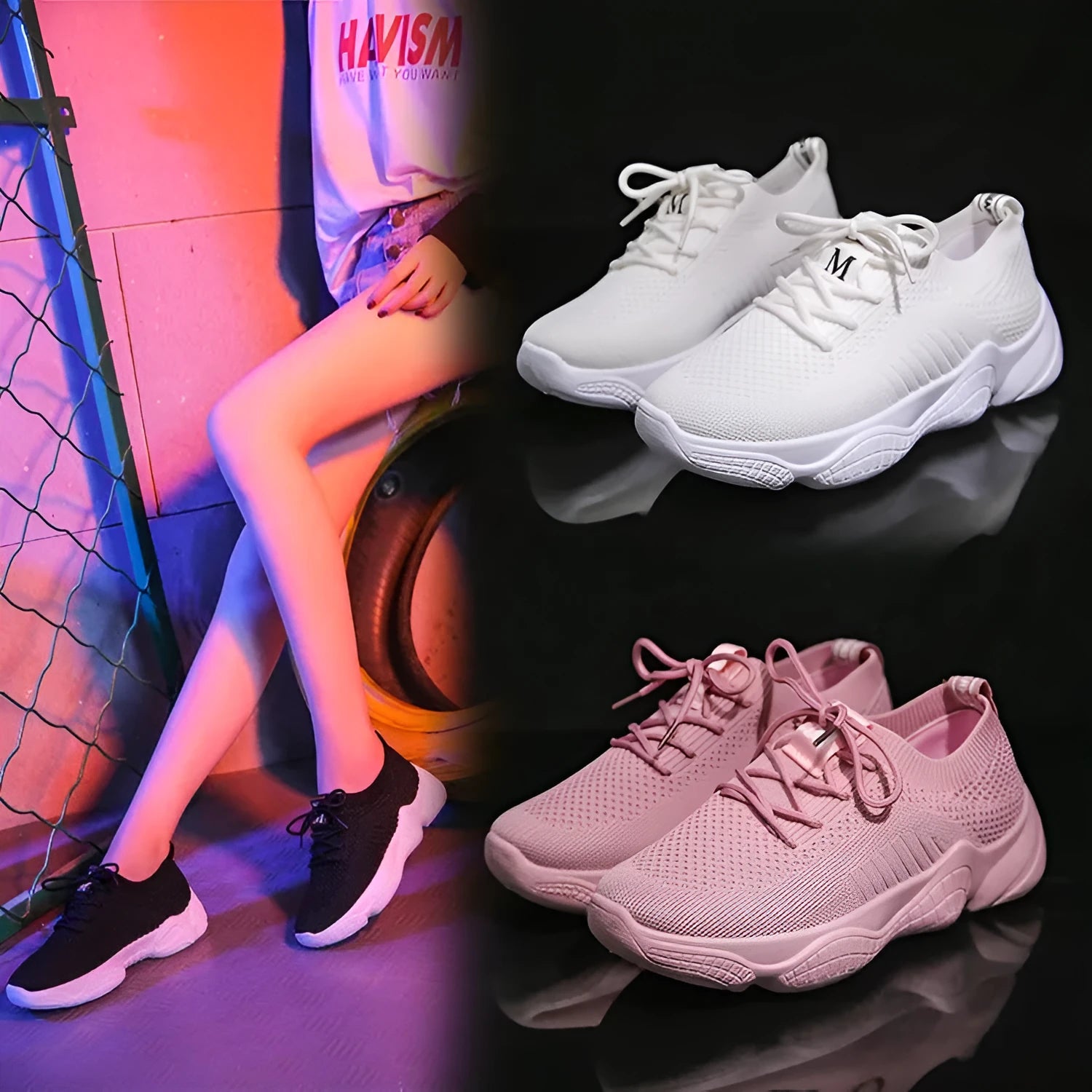 Women's white thick-soled sports shoes with woven upper and front strap closure