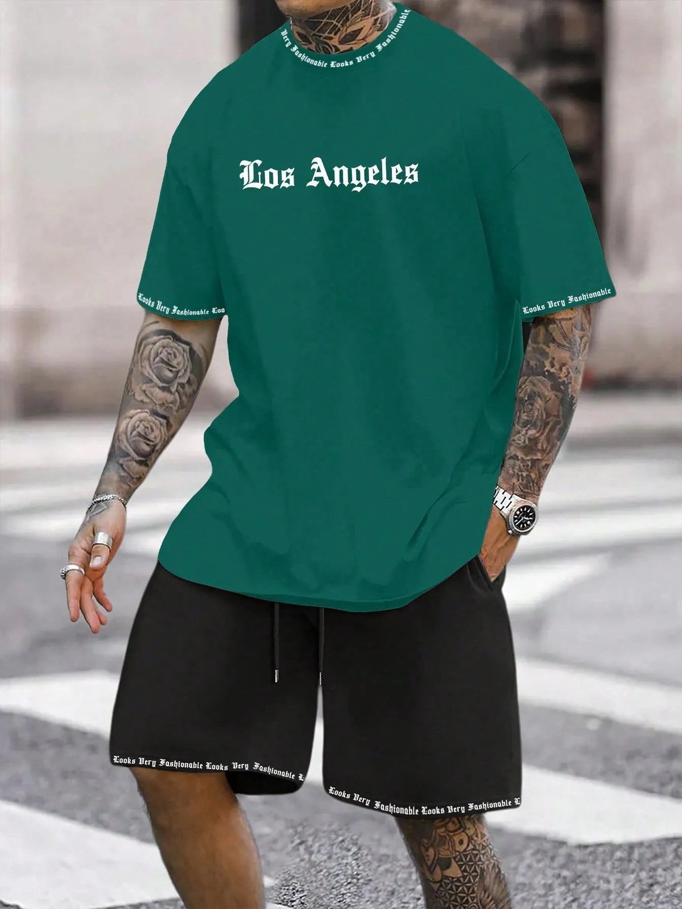 Men's grey sports style short-sleeved top and matching shorts quick-dry two-piece set