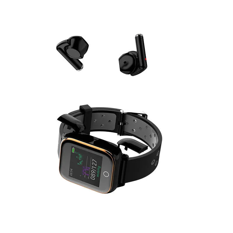 Black smart watch with integrated Bluetooth earbuds stored in the watch body, showing a 1.4-inch display.