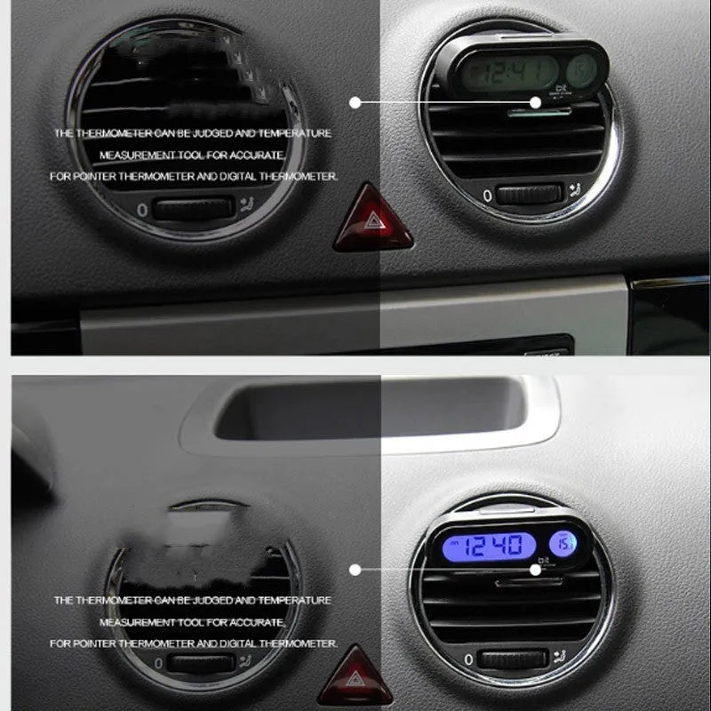 Black electronic car dashboard clock and thermometer unit with digital LED display on an adjustable bracket.