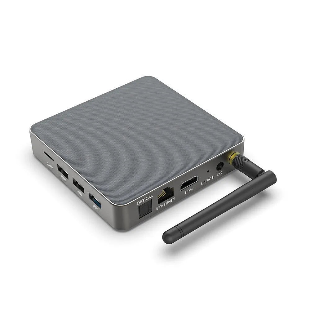 Android smart TV box with 8K output, RK3566 processor, and compact square design