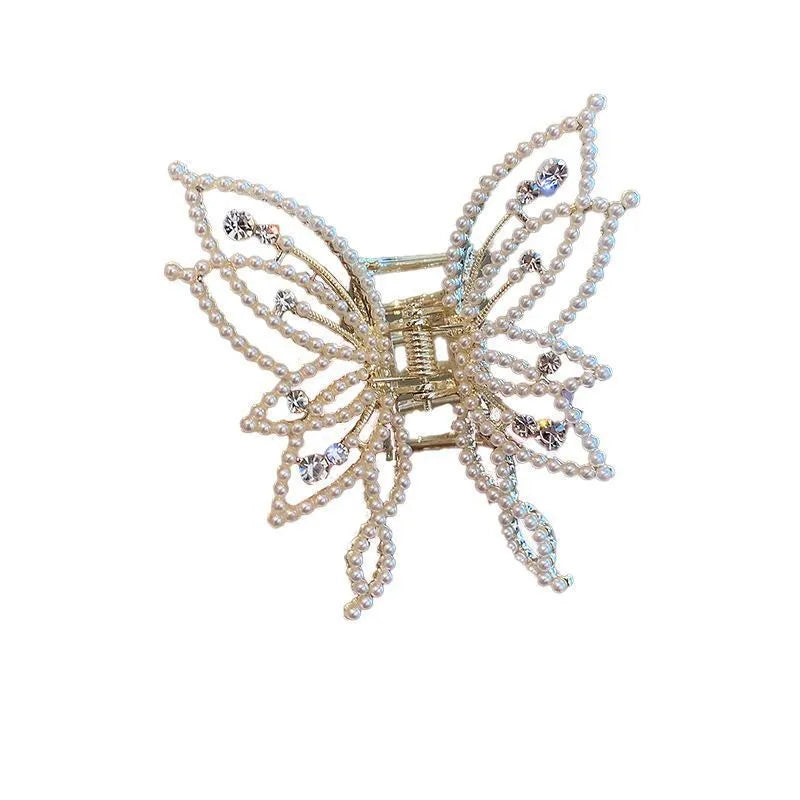 Butterfly-shaped alloy hair clip with rhinestone or pearl decorations, 6.7 cm wide