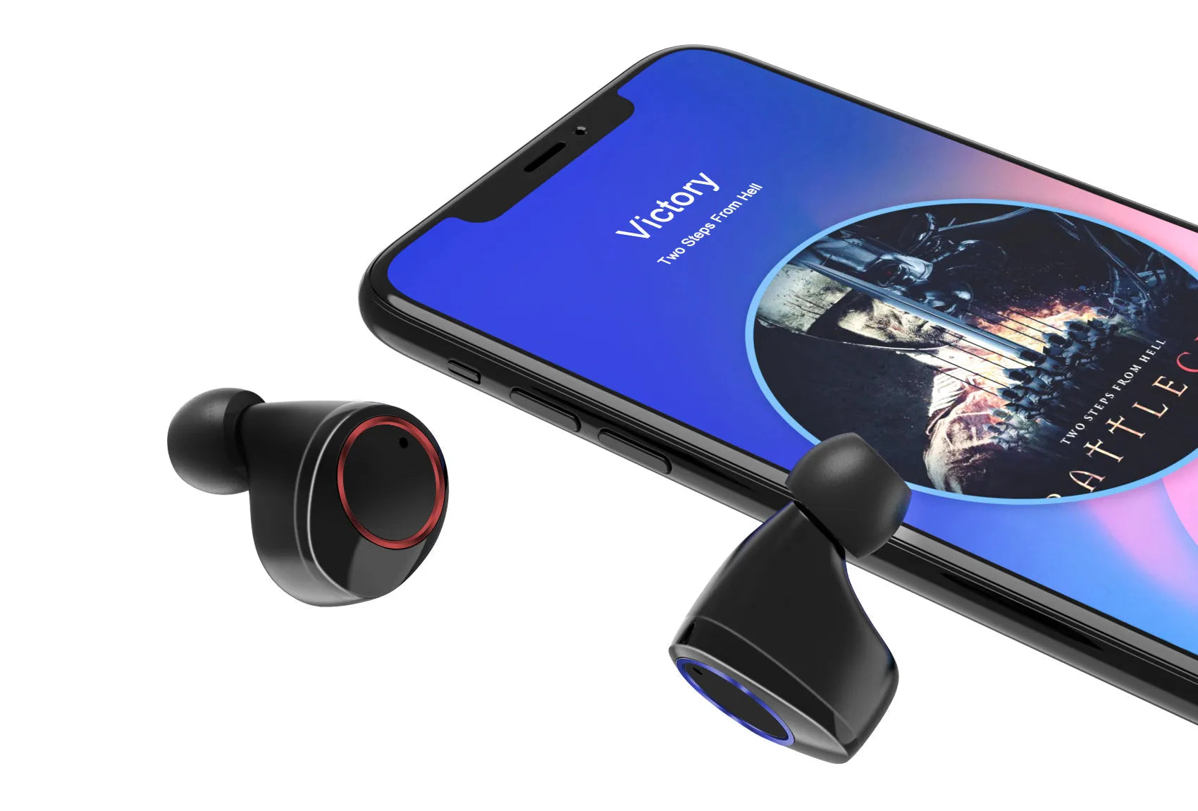 Black X11 wireless Bluetooth earbuds with charging case and six silicone ear tips on a grey background.