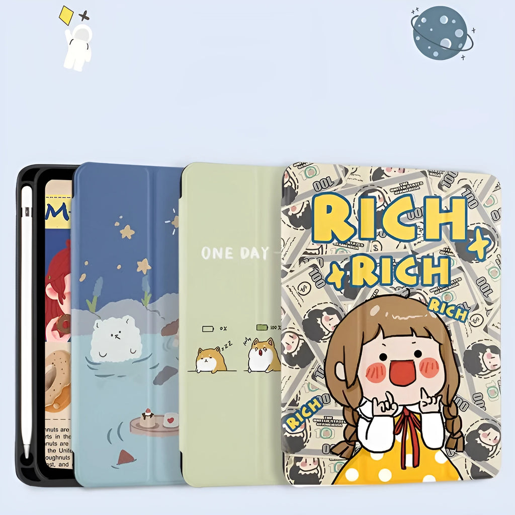 Three fold silicone shell tablet case with cute cartoon pattern for iPad 9.7 10.5 10.2 inch