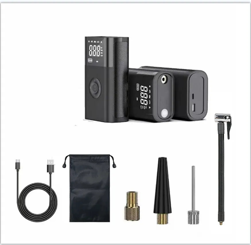 Wireless digital handheld air pump with LCD display and multiple attachments for car and bicycle tyres