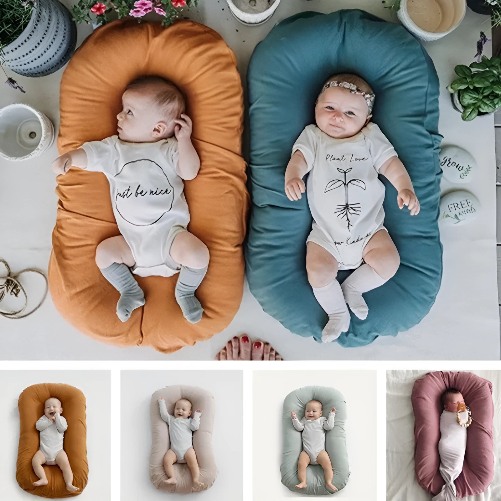 Beige portable baby nest bed crib measuring 75cm by 45cm for newborns
