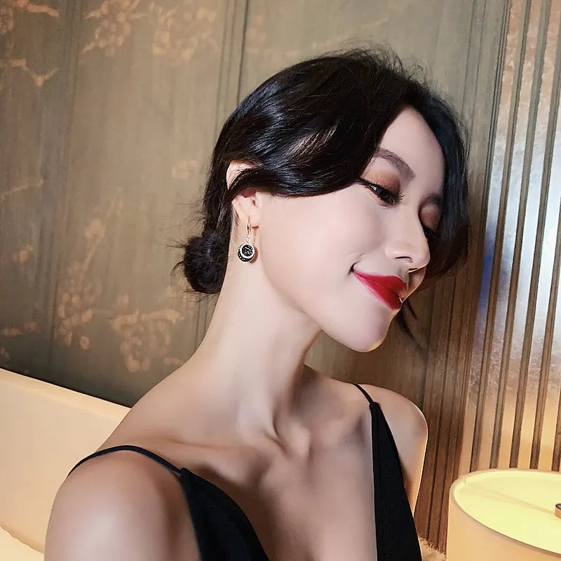 Black geometric alloy drop earrings with retro Hong Kong style, 3.6cm length
