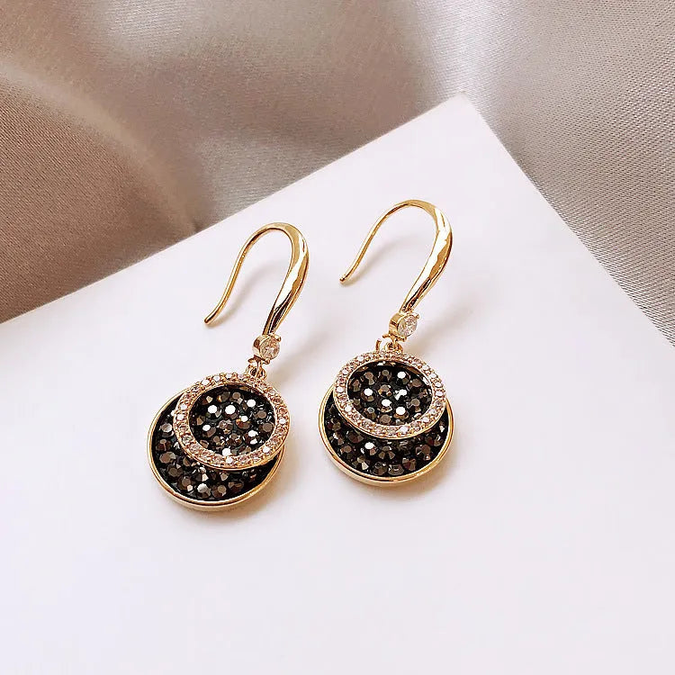 Black geometric alloy drop earrings with retro Hong Kong style, 3.6cm length