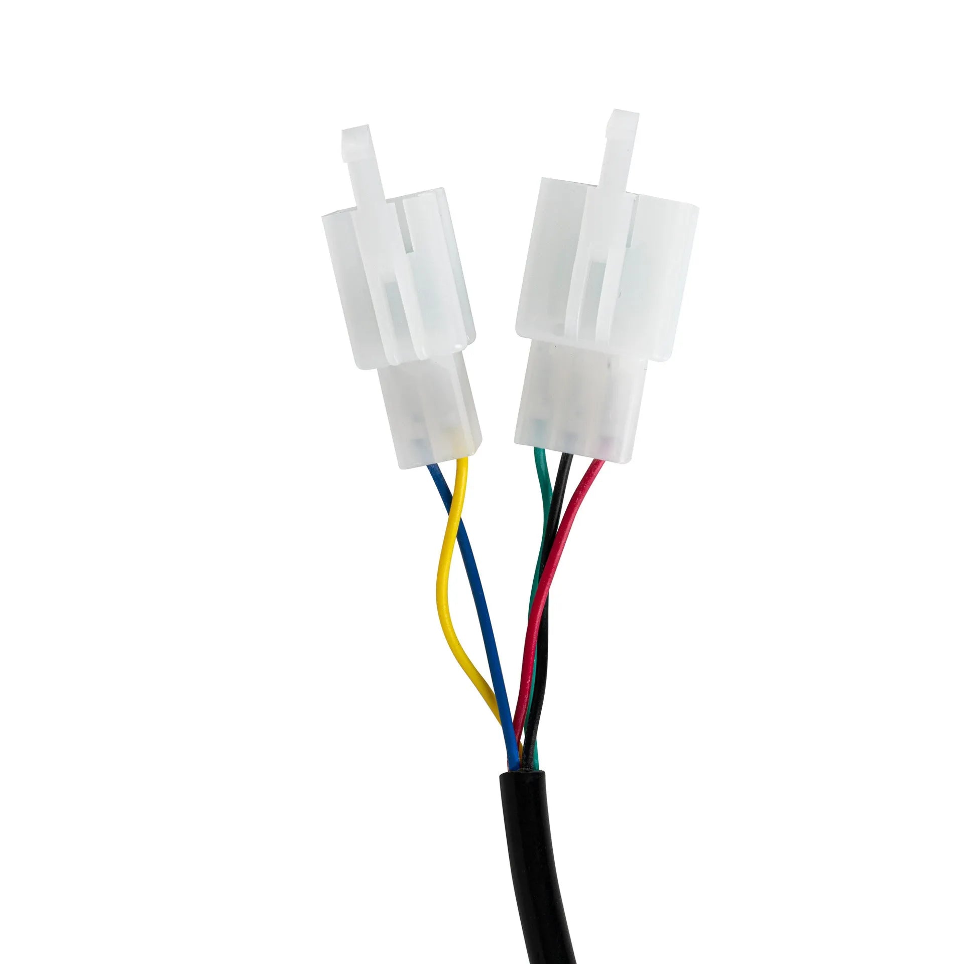 Electric vehicle handlebar section in blue, red, silver, or yellow colours with visible wiring connections