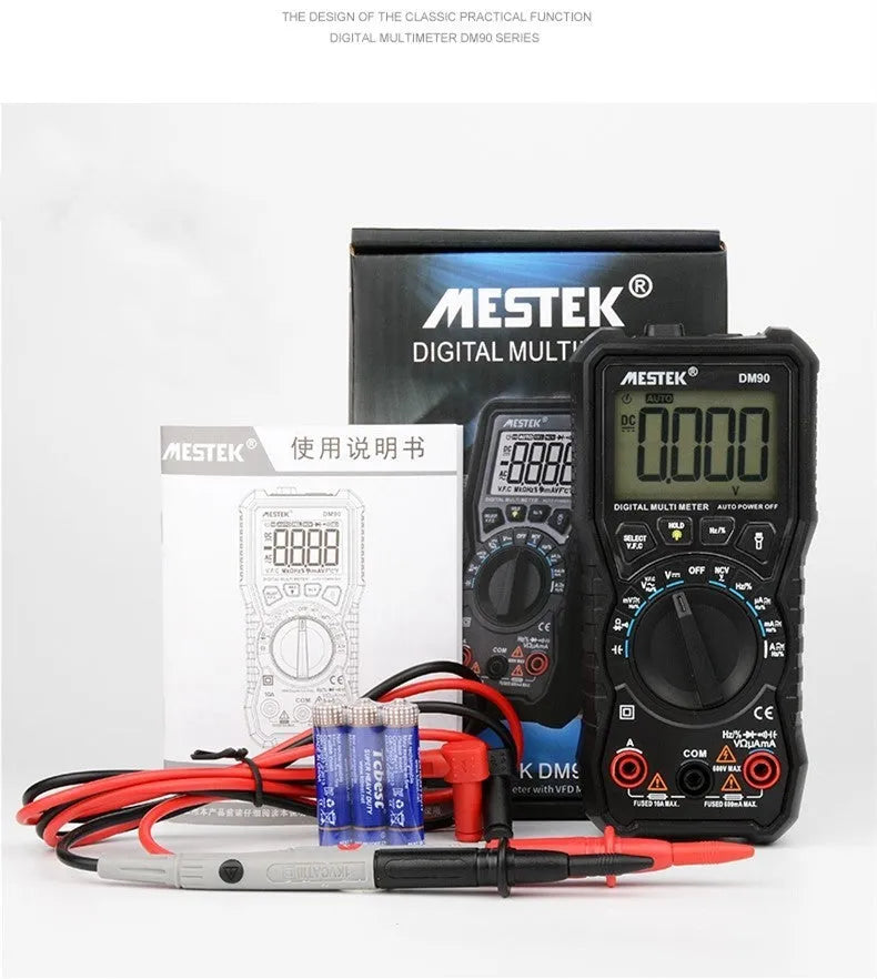 DM90A digital multimeter with LCD display showing measurement readings