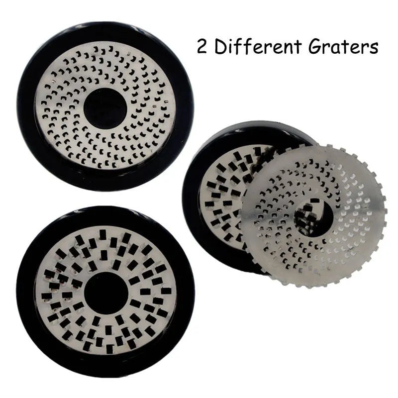 Stainless steel rotary cheese grater with black and white finish, height 17cm, diameter 7.3cm, with two blades