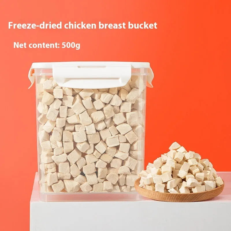 Freeze-dried dog snacks in twelve styles including chicken liver beef egg yolk duck and fish varieties packaged in resealable bags
