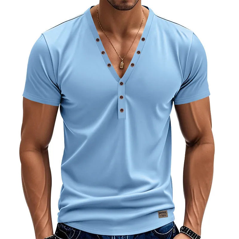Men's loose V-neck pullover top in light blue with button detail, shown for sports casual wear.