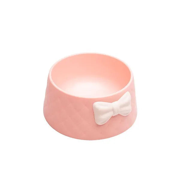 Bow design cat and dog bowl in PP plastic available in pink green and grey colours