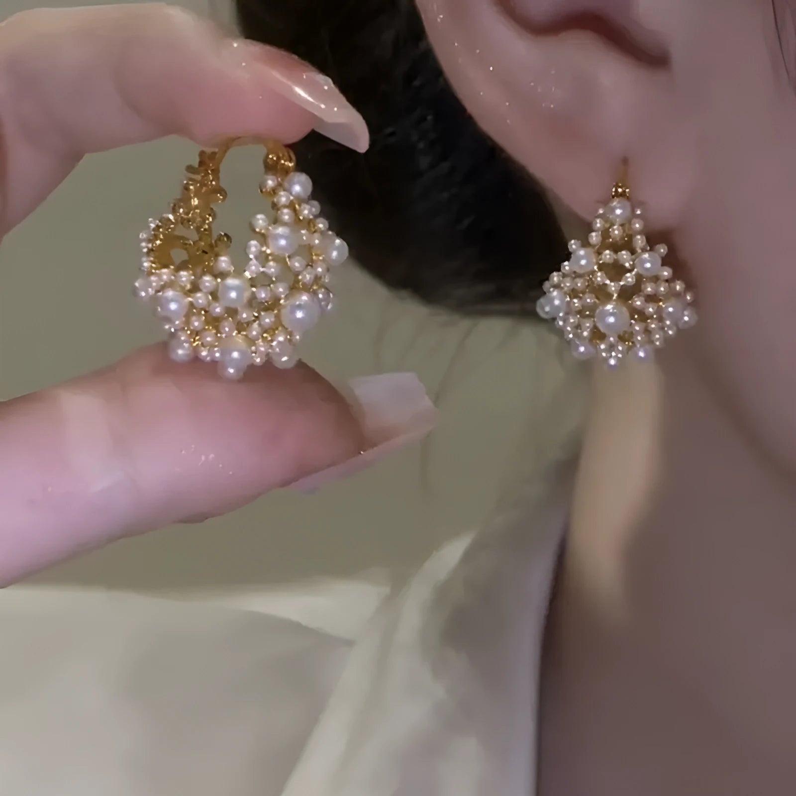 Women's gold flower basket earrings with small beads and pearl inlay details