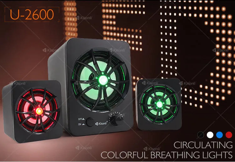 Green 2.1 USB computer speaker with colourful LED lights and dual USB/3.5mm connectivity