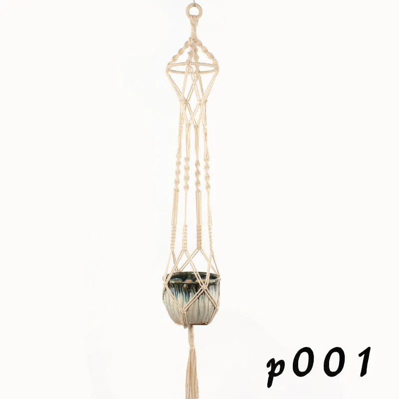 Woven wire and cotton rope macrame plant hanger in a rustic style, shown as a hanging basin.