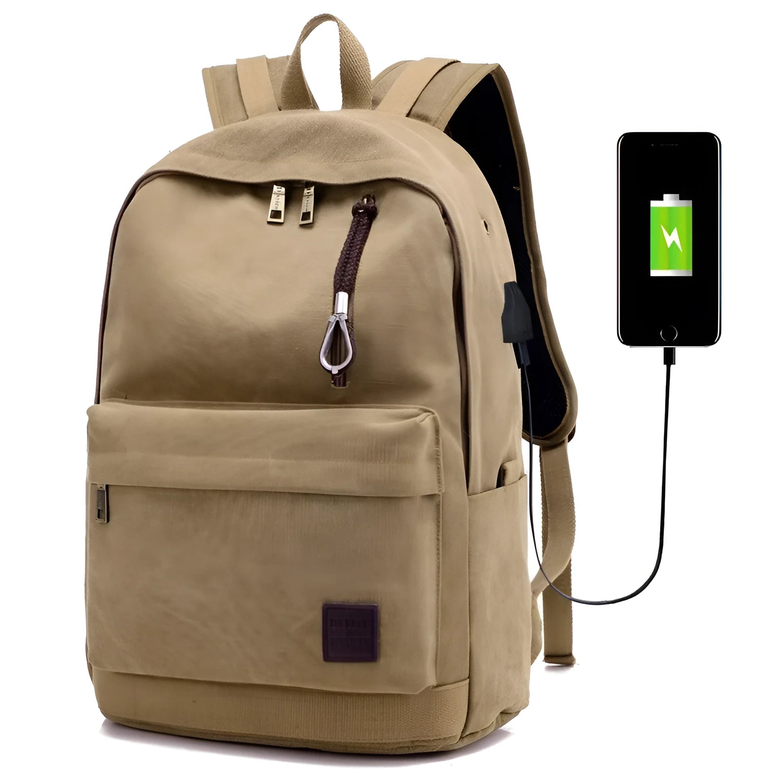 Canvas backpack with USB charging port shown in coffee colour, featuring a laptop compartment and multiple pockets.