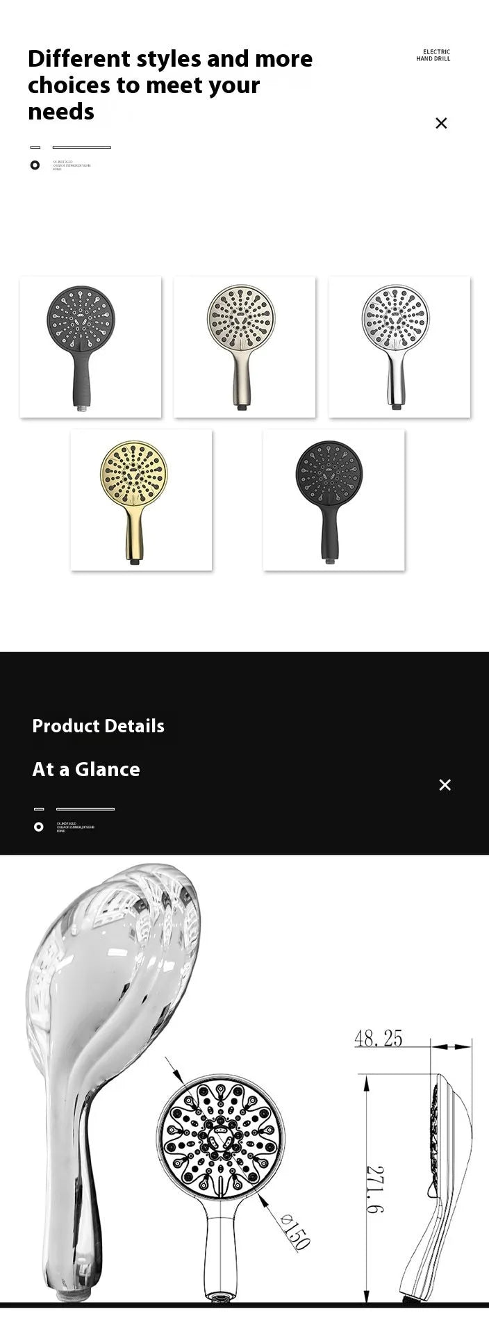 Six-function portable handheld shower head with electroplated finish, 6 inches in diameter.