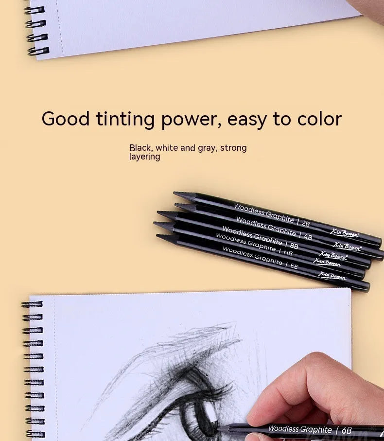 Set of six wood-free graphite sketching pencils with grades HB, 2B, 4B, 6B, 8B, EE for art drawing