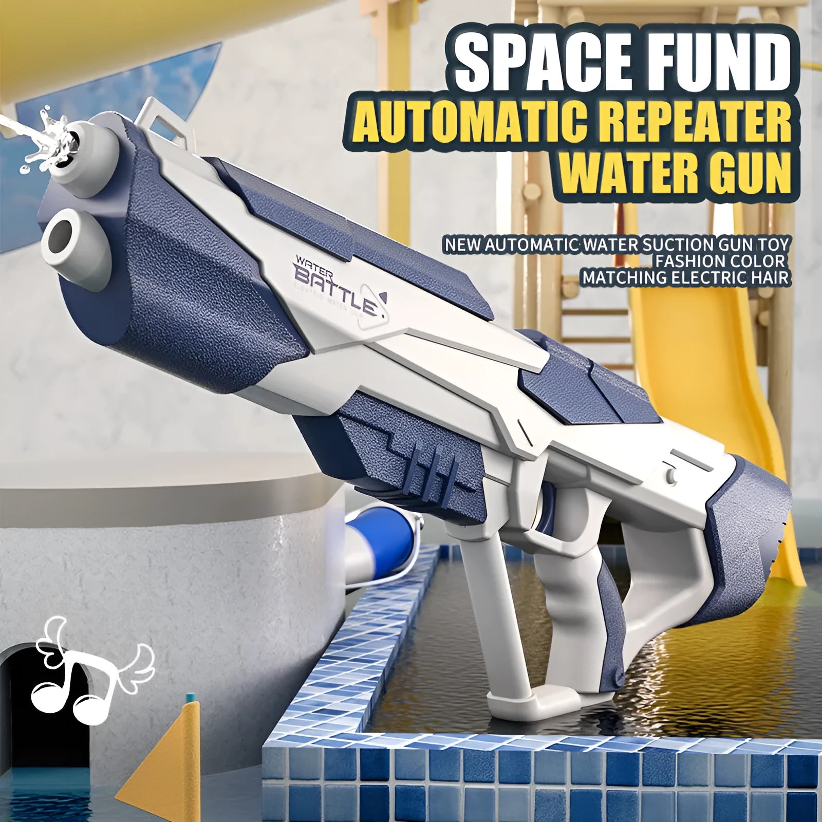 Blue electric water gun with USB charging port and trigger, showing water capacity measurement
