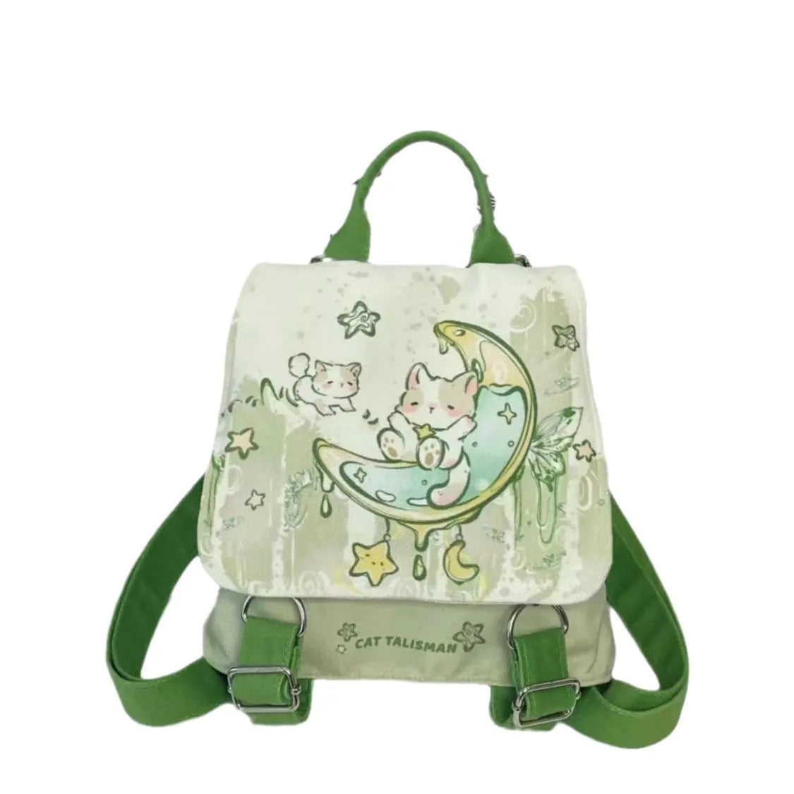 Mint Mambo Green cute polyester backpack with spliced design, sandwich pocket, 23x10x25cm, on white background