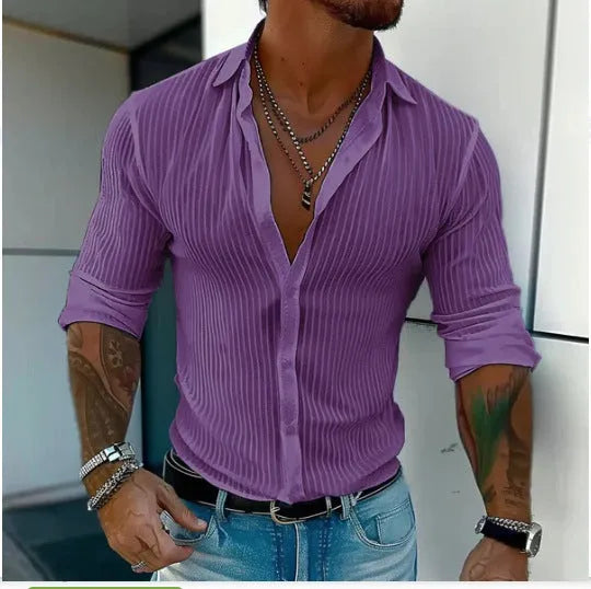 Men's striped cardigan shirt in British style with long sleeves and loose fit for summer business casual wear