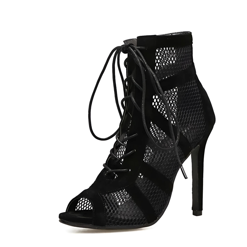 Black suede women's high heel shoes with lace-up design, 11.5cm heel and 1cm platform